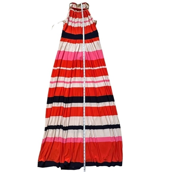 NEW ELIZA J Striped Pleated Halter Maxi Dress Gold Choker Closure Size 10 - Picture 14 of 15